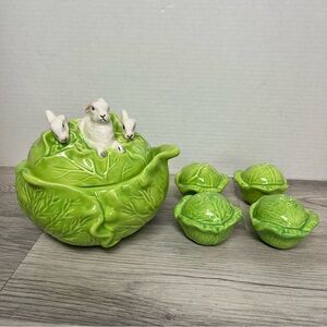 Vintage Holland Mold Cabbage Ceramic Bowl with Rabbits on Lid and 4 Shakers